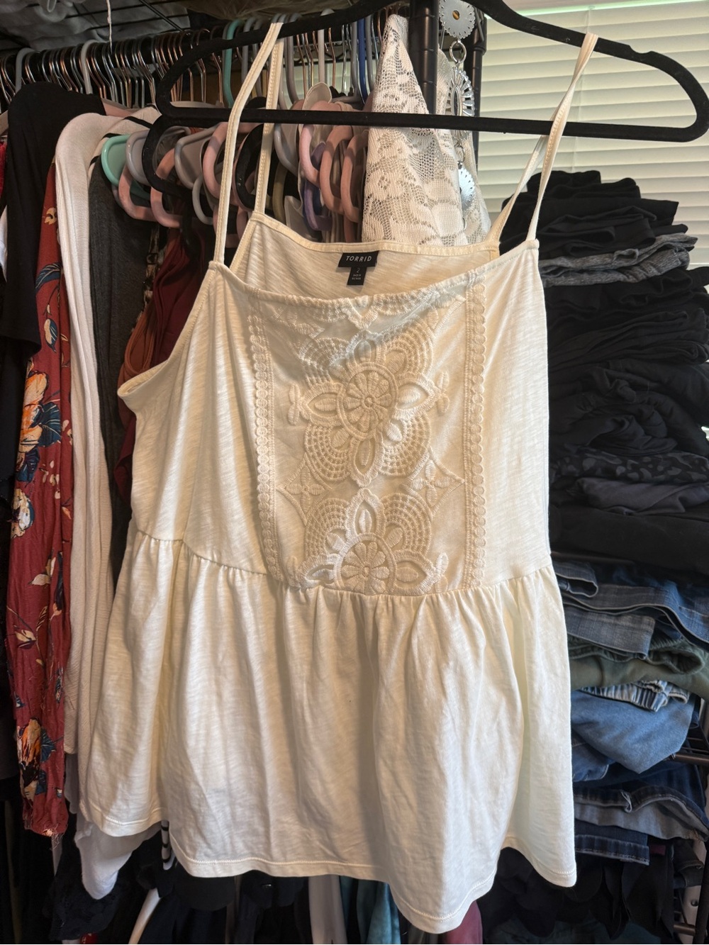 Torrid Cream Lace-Front Spaghetti Strap Peplum Tank
